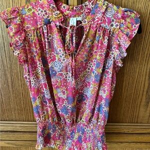 Joie Pink and Purple Flutter Sleeve Blouse with Ruffled Bib Collar